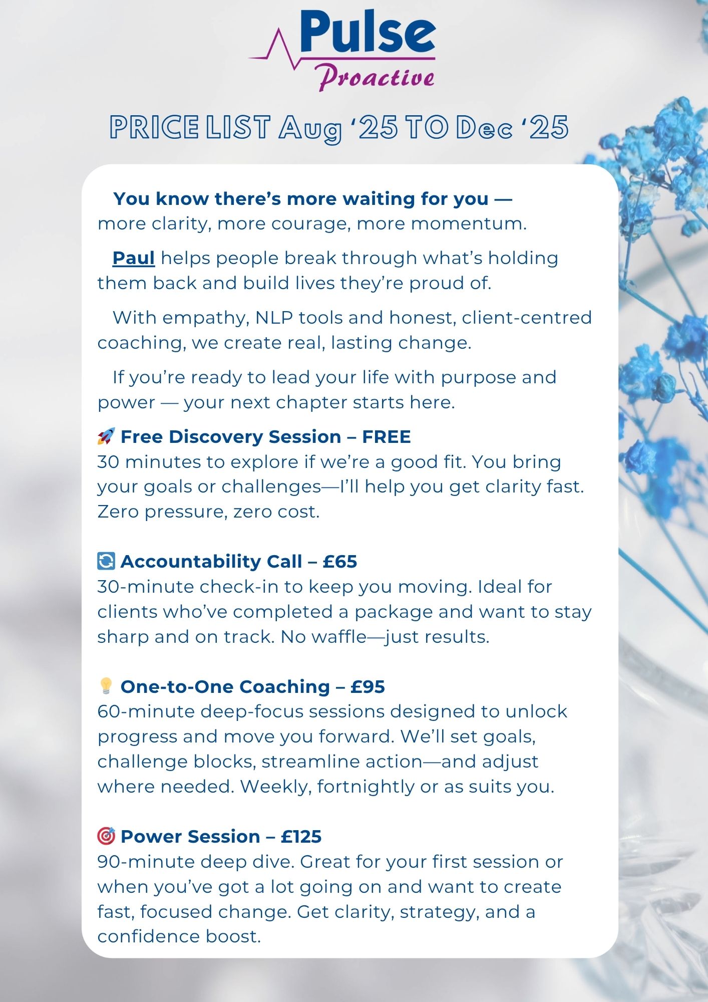 Life coaching price list – session options with Paul, life coach in Sleaford