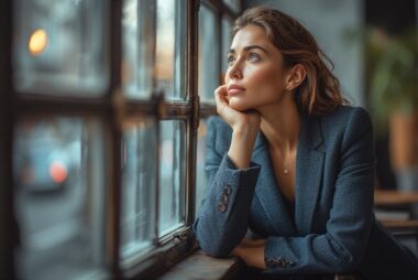 Woman looking thoughtfully out of a window in a modern apartment, representing inner clarity and emotional awareness.
